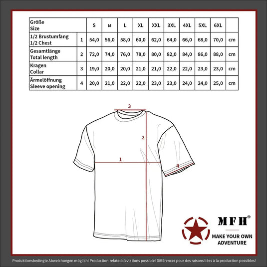 Größentabelle und Diagramm für ein MFH® US-T-Shirt mit angegebenen Maßpunkten.