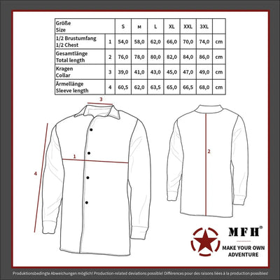 Größentabelle und schematische Zeichnung eines langärmligen MFH® Hemdes „Attack“-Taktikhemdes für Herren mit Messindikatoren und Teflon®-Beschichtung.