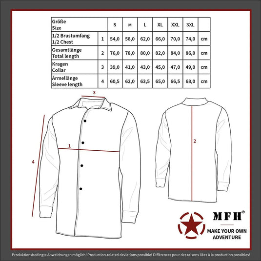Größentabelle und schematische Zeichnung eines langärmligen MFH® Hemdes „Attack“-Taktikhemdes für Herren mit Messindikatoren und Teflon®-Beschichtung.