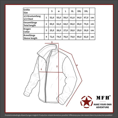 Taktische Illustration einer MFH® US Unterziehjacke „Tactical“ mit Größentabelle und Maßangaben zur Individualisierung.