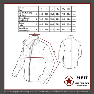 Größentabelle und Messanleitung für eine MFH® US Softshelljacke mit Kapuze, GEN III, Level 5.