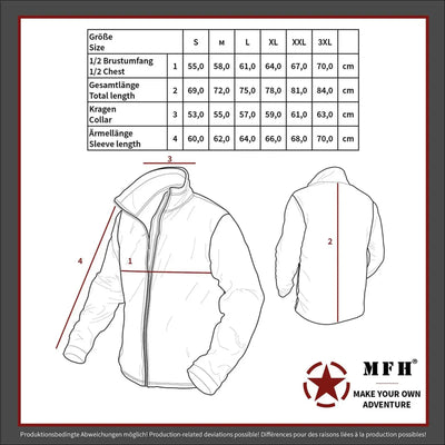 Technische Abbildung einer MFH® Combat-Jacke mit beschrifteten Messpunkten als Größentabelle und YKK-Reißverschlüssen.