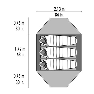 Technische Abbildung mit den Abmessungen eines Dreifach-Etagenbetts mit optimaler MSR® Elixir™ 3 „V2“ Belüftung.