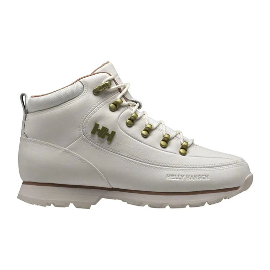 Helly Hansen® Women's Forester Winterstiefel: Weißer High-Top-Wanderstiefel mit dem Helly Hansen-Logo an der Seite.