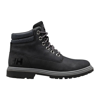 Schwarzer Lederstiefel mit einem Helly Hansen®-Logo an der Seite.