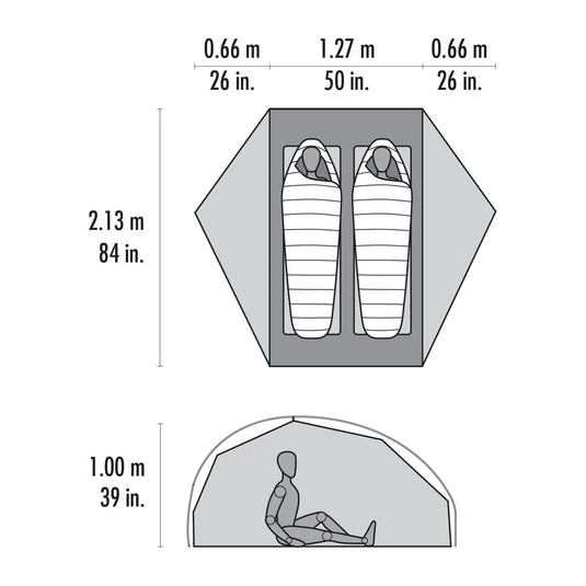 Technische Illustration eines ultraleichten MSR® FreeLite™ 2 „V2“ Zwei-Personen-Zeltes mit Abmessungen und einer schematischen Darstellung einer darin sitzenden Person, gefertigt aus Micromesh-Zeltmaterial.