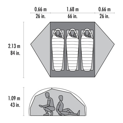 Technische Abbildung mit den Abmessungen des MSR® FreeLite™ 3 „V3“, einer Schlafgelegenheit für drei Personen, mit Draufsicht und Seitenansicht.