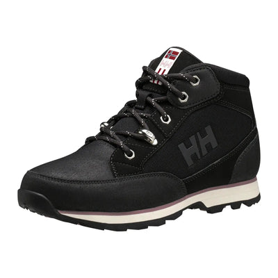 Helly Hansen® Women's Torshov Wanderstiefel: Schwarzer Wanderstiefel mit weißer Sohle und Logo-Detail.