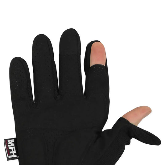 Ein schwarzer MFH® Tactical Handschuh, „Action“ mit fehlendem Zeigefinger.