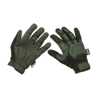 Ein Paar MFH® Tactical Handschuhe in Olivgrün vor weißem Hintergrund.