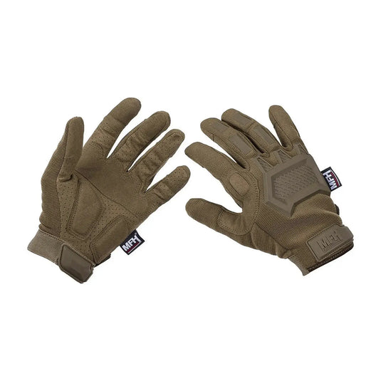 Ein Paar MFH® Tactical Handschuhe, „Action“, präsentiert auf einem weißen Hintergrund, perfekt für Outdoor-Abenteuern.