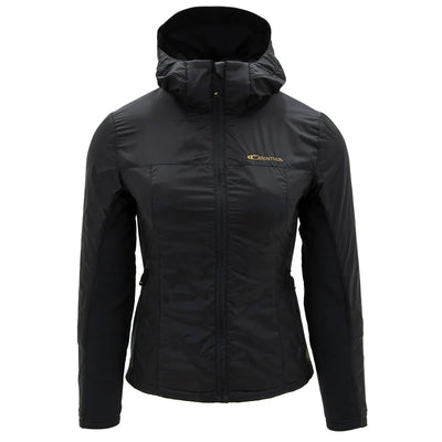 Schwarze Carinthia® G-LOFT® TLG Jacket Lady mit Kapuze auf weißem Hintergrund.