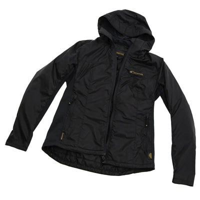 Schwarze Carinthia® G-LOFT® TLG Jacket Lady mit Kapuze, isoliert auf weißem Hintergrund.