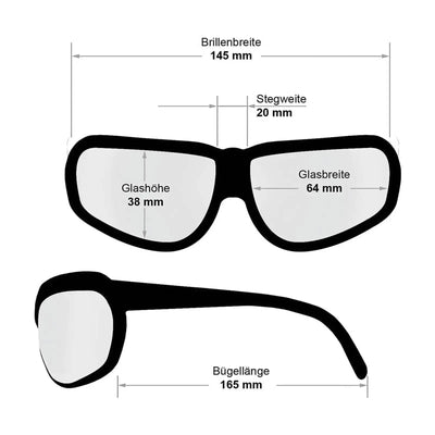 Beschreibung: Diagramm von KHS Armee Sportbrille mit Messungen für Rahmenbreite, Stegbreite, Glashöhe und Glasbreite sowie Anti-Fog-Beschichtung.