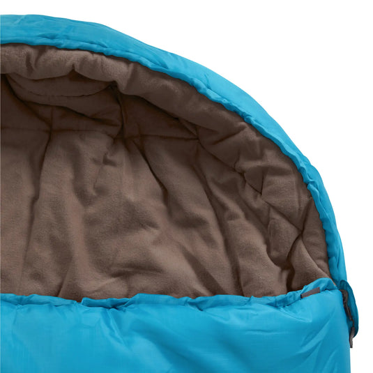 Nahaufnahme eines offenen blauen Grand Canyon® Utah 190 – Schlafsacks mit brauner Innenseite, die an den Grand Canyon erinnert.