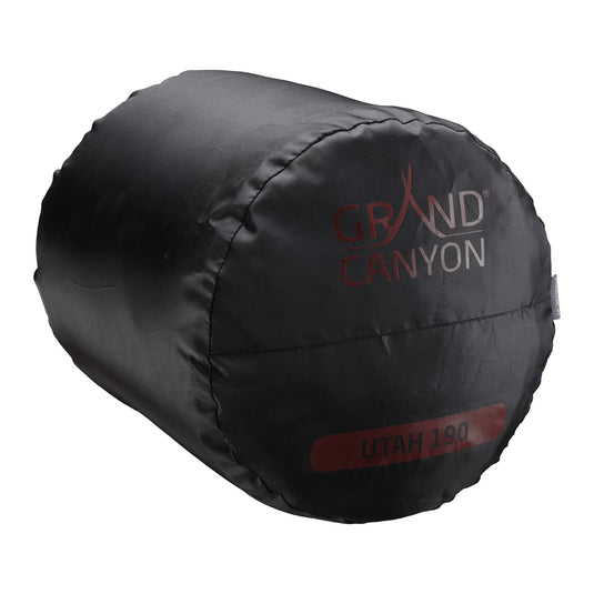 Schwarzer Grand Canyon® Utah 190 - Schlafsack mit „Grand Canyon®“-Logo und „Utah 190“-Label, isoliert auf weißem Hintergrund.