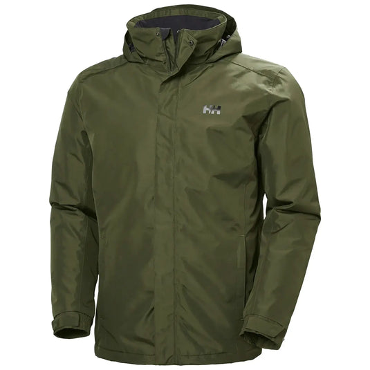 Helly Hansen® olivgrüne Dubliner isolierte wasserdichte Jacke mit Kapuze und Logo auf der Brust.