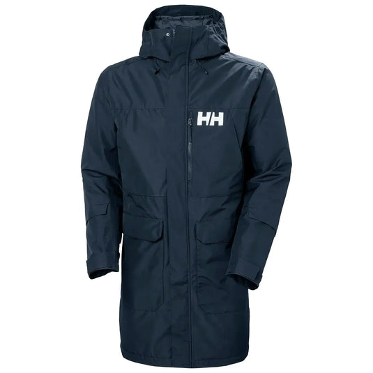 Marineblauer, isolierter Helly Hansen® Rigging-Regenmantel für Herren mit Kapuze und weißem Logo auf der Brust.