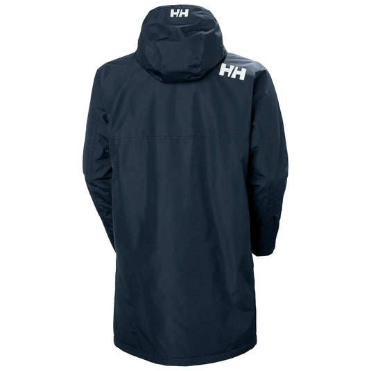 Marineblauer, isolierter Helly Hansen® Rigging-Regenmantel für Herren mit Kapuze und Logo auf der Rückseite.