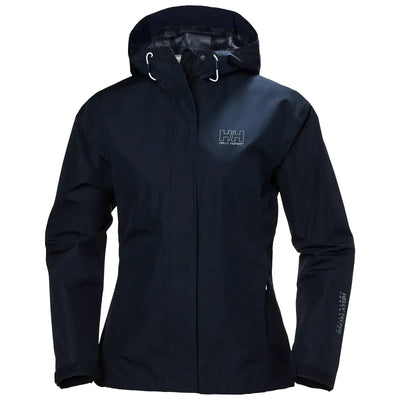 Schwarze wasserdichte Regenjacke mit Kapuze und reflektierendem Helly Hansen®-Logo auf der Brust.