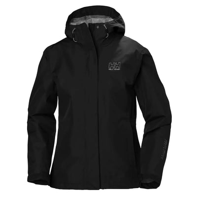 Schwarze Helly Hansen® Women's Seven J Regenjacke mit Kapuze und Logo auf der Brust.