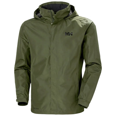 Olivgrüne, wasserdichte Helly Hansen® Herren-Dubliner-Jacke mit HELLY TECH® PROTECTION, Kapuze und Logo auf der Brust.