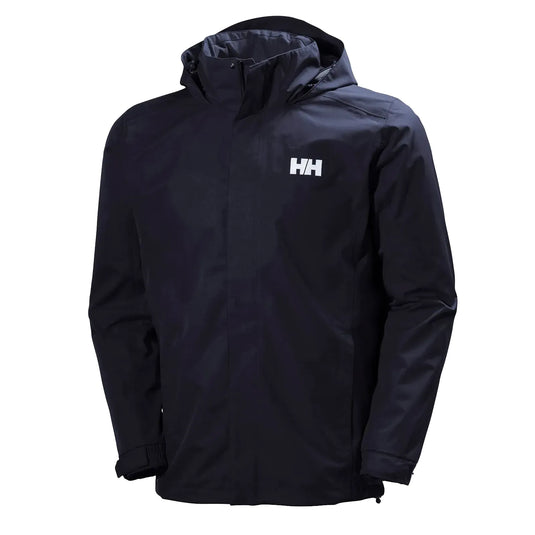 Marineblaue Helly Hansen® Herren-Dubliner-wasserdichte Jacke mit Kapuze und Markenlogo auf der Brust.