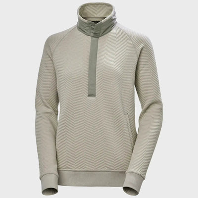 Helly Hansen® Lillo Outdoor-Pullover für Damen: Hellgrauer, strukturierter Pullover mit hohem Kragen und halbem Reißverschluss, hergestellt aus Bio-Baumwolle.