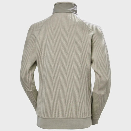 Rückansicht einer grauen Helly Hansen Women's Lillo Outdoor Sweater-Jacke mit Reißverschluss und Fischgrätenmuster, ausgestellt auf einer Schaufensterpuppe.