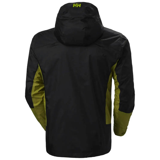 Schwarze und olivgrüne Helly Hansen® Verglas 2L Shell-Jacke für Herren mit Kapuze und Logo auf der Brust, ausgestattet mit HELLY TECH® PERFORMANCE.