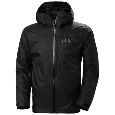 Eine schwarze Helly Hansen® Herren-Verglas 2L-Shelljacke mit Kapuze, Reißverschluss und Logo auf der Brust.