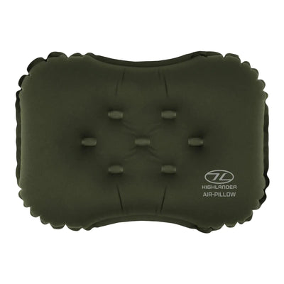 Outdoor HIGHLANDER® NAP-PAK Camping Air Pillow/Luftkissen in Olivgrün mit Knopfbüscheln.