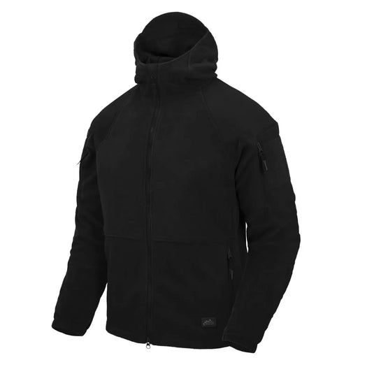 Schwarze robuste Helikon-Tex® Cumulus Hochleistungsfleecejacke mit Kapuze und Reißverschluss vorne.