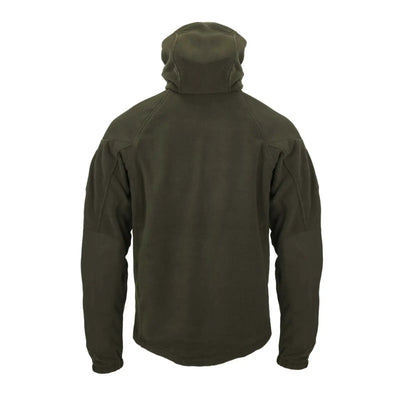 Olivgrüne Helikon-Tex® Cumulus Hochleistungsfleecejacke, fotografiert von hinten vor neutralem Hintergrund.