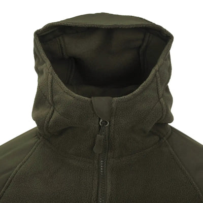 Helikon-Tex® Cumulus Hochleistungsfleecejacke: Grüne Kapuzenjacke mit robustem, geschlossenem Reißverschluss.