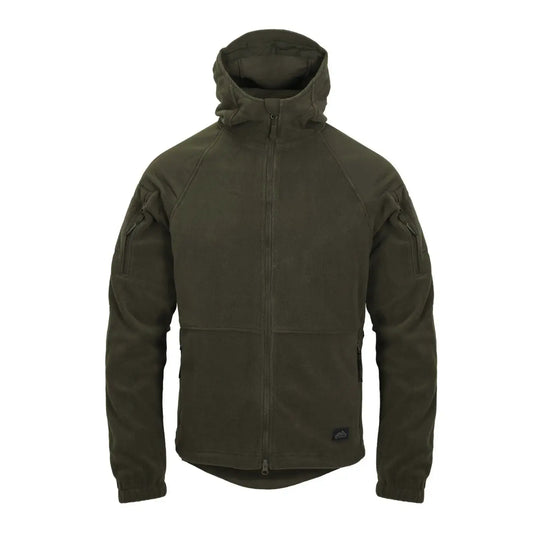 Olivgrüne robuste Helikon-Tex® Cumulus Hochleistungsfleecejacke mit Kapuze und Ärmeltaschen.