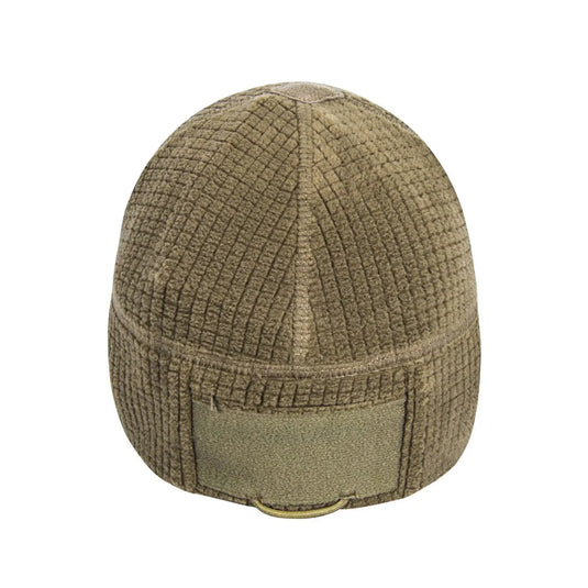 Khakifarbene, gerippte Beanie-Mütze aus der Helikon-Tex®-Reihe – Grid-Fleece-Mütze mit Umschlagmanschette.