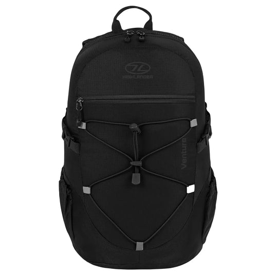 Schwarzer 20 Liter HIGHLANDER® „VENTURE“ Outdoor-Rucksack mit mehreren Fächern und verstellbaren Trägern.