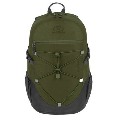 Grüner HIGHLANDER® „VENTURE“ Wanderrucksack mit verstellbaren Trägern und externem Bungee-Cord-System.