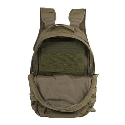 Olivgrüner taktischer Helikon-Tex®-Rucksack mit mehreren Fächern, Helikon-Tex® Backpack Panel Insert® und gepolsterten Schultergurten.