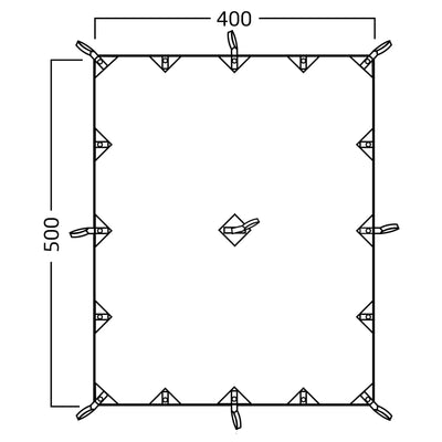 Kommentierte technische Zeichnung einer rechteckigen Außenstruktur mit Abmessungen in Millimetern unter Verwendung von Nordisk® Kari 20 Tarp.