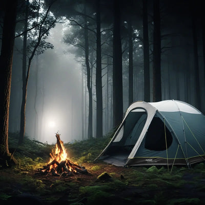 Campingzelt Outwell® 5-Personen Zelt – Cloud 5 neben einem Lagerfeuer in einem nebligen Wald bei Nacht.