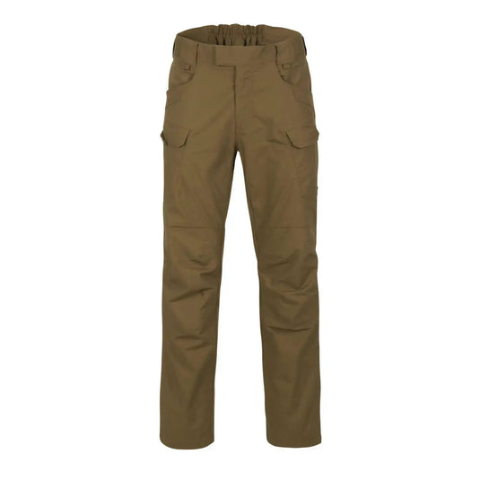 Khakifarbene Cargohosen mit elastischem Bund und mehreren Taschen aus Polycotton Ripstop-Gewebe sind Teil der Helikon-Tex® Urban Tactical Pants – Polycotton Ripstop-Linie.