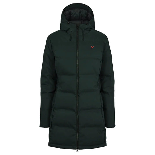 Dunkelgrüne Y by Nordisk® Parka-Jacke aus recyceltem Polyester auf weißem Hintergrund.