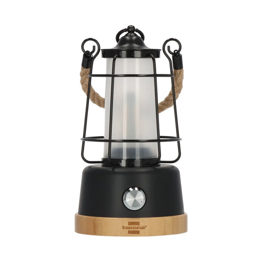 Dimmbare Brennenstuhl® Akku Campinglampe „CAL 1“ im Vintage-Stil mit Seilgriff und integrierter Timerfunktion.