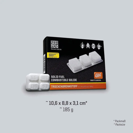 Eine Packung Esbit® Brennstofftabletten 12x14g für tragbare Kocher mit Angaben in Deutsch und Englisch, ideal als Wärmespender.