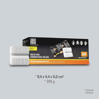 Packung Esbit® Brennstofftabletten 8x27g für Outdoor-Kochgeräte mit Angabe von Maßen und Gewicht.