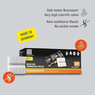 Eine Packung Esbit® Brennstofftabletten 8x27g mit den wichtigsten Merkmalen wie hohem Brennwert, Rauchfreiheit und deutscher Herstellung, ideal für Outdoor-Kochgeräte.