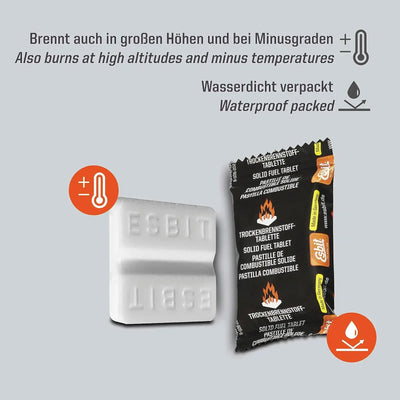 Esbit® Brennstofftabletten 8x27g neben ihrer wasserdichten Verpackung, die Eigenschaften wie das Brennen in großen Höhen und bei Minustemperaturen hervorhebt.