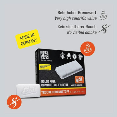 Verpackung von Esbit® Brennstofftabletten 16x5g für Outdoor-Abenteuer, die sich durch Eigenschaften wie hohen Brennwert, keine sichtbare Rauchentwicklung und Made in Germany auszeichnen.